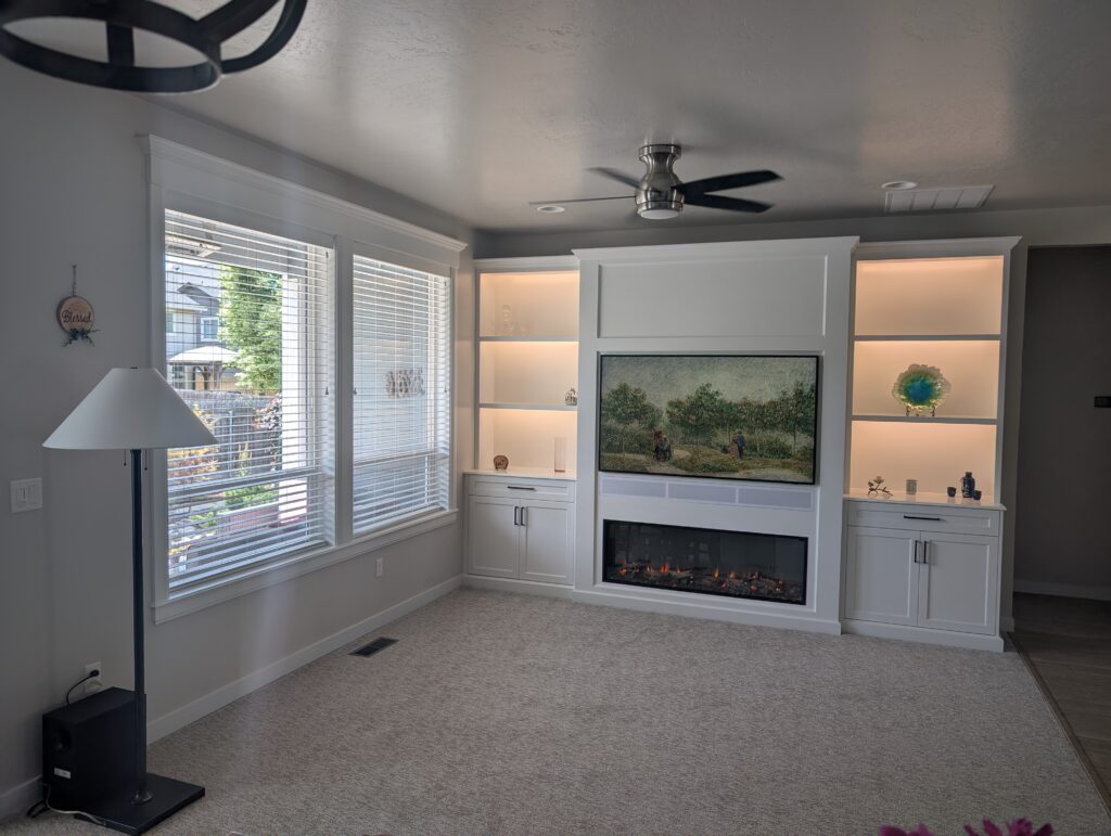 Built-In Fireplace Entertainment Center Installation in Meridian — custom soundbar niche